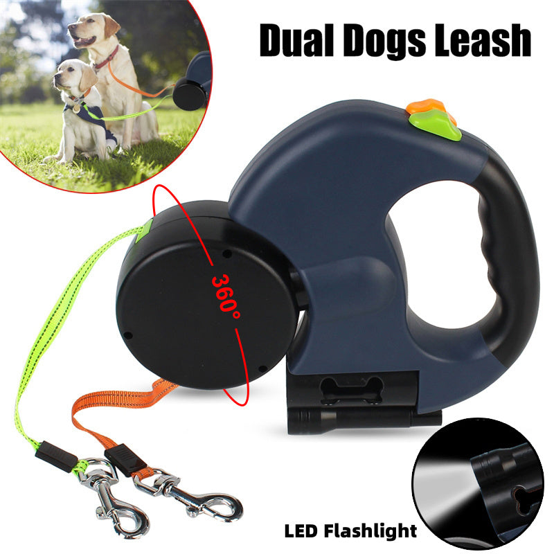 Dual Retrackable Reflective Dog Leash With LED Light